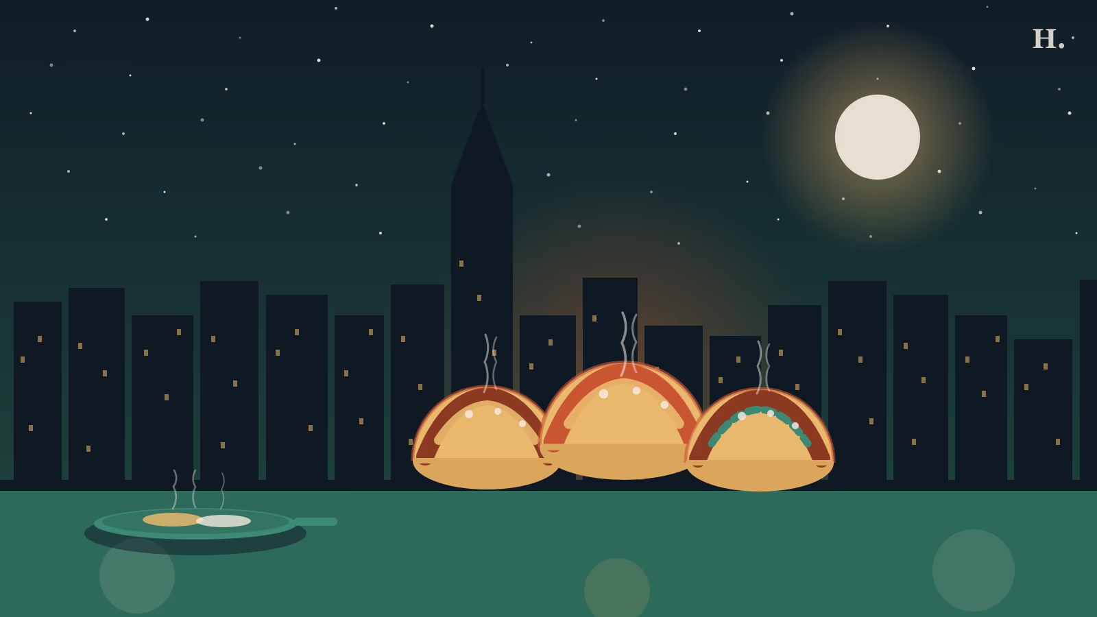 Best breakfast tacos in Houston illustration: tacos on a comal with steam rising above the skyline