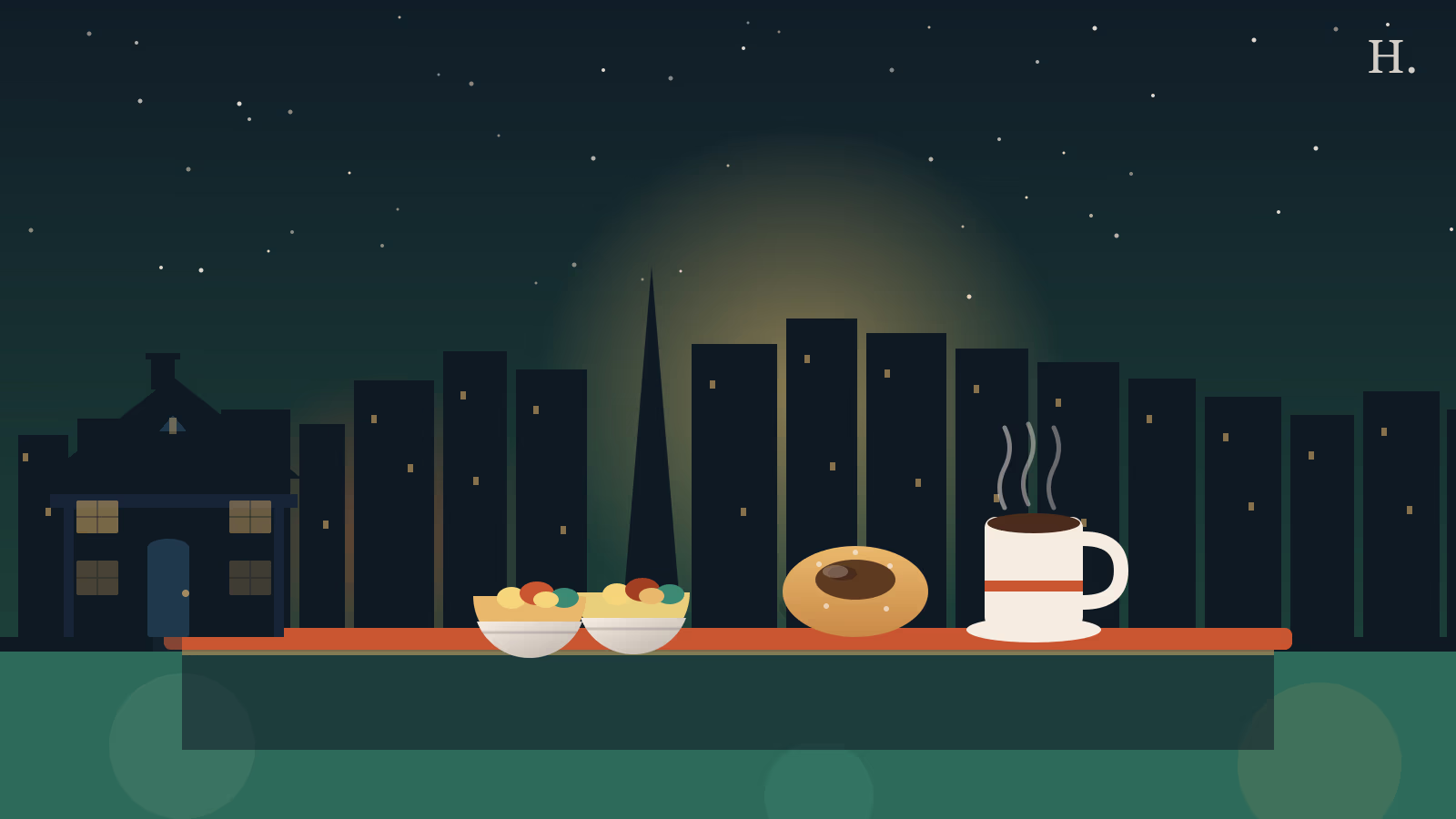 Best breakfast in the Heights Houston illustration: breakfast tacos, a kolache, coffee mug, and Heights bungalow at night