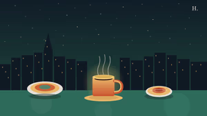 Steaming coffee mug with breakfast taco and kolache against a Houston night-sky skyline illustration