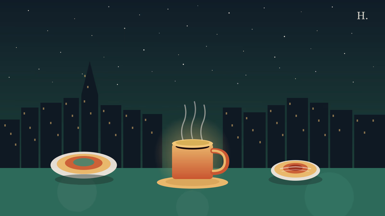 Steaming coffee mug with breakfast taco and kolache against a Houston night-sky skyline illustration