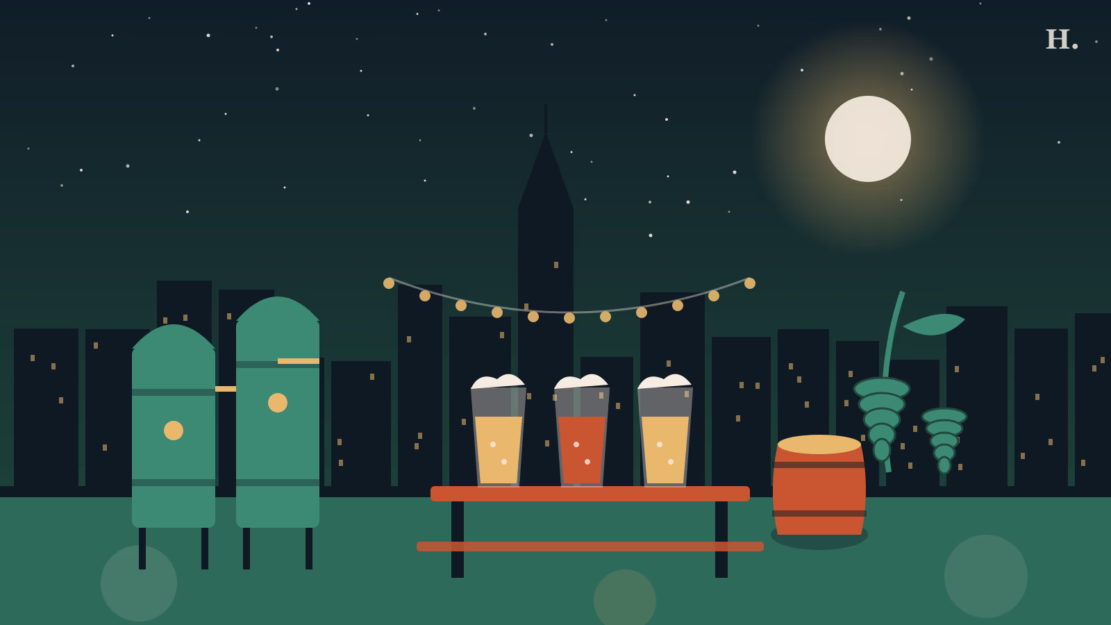 Best breweries in Houston illustration: pint glasses, brew tanks and beer garden lights