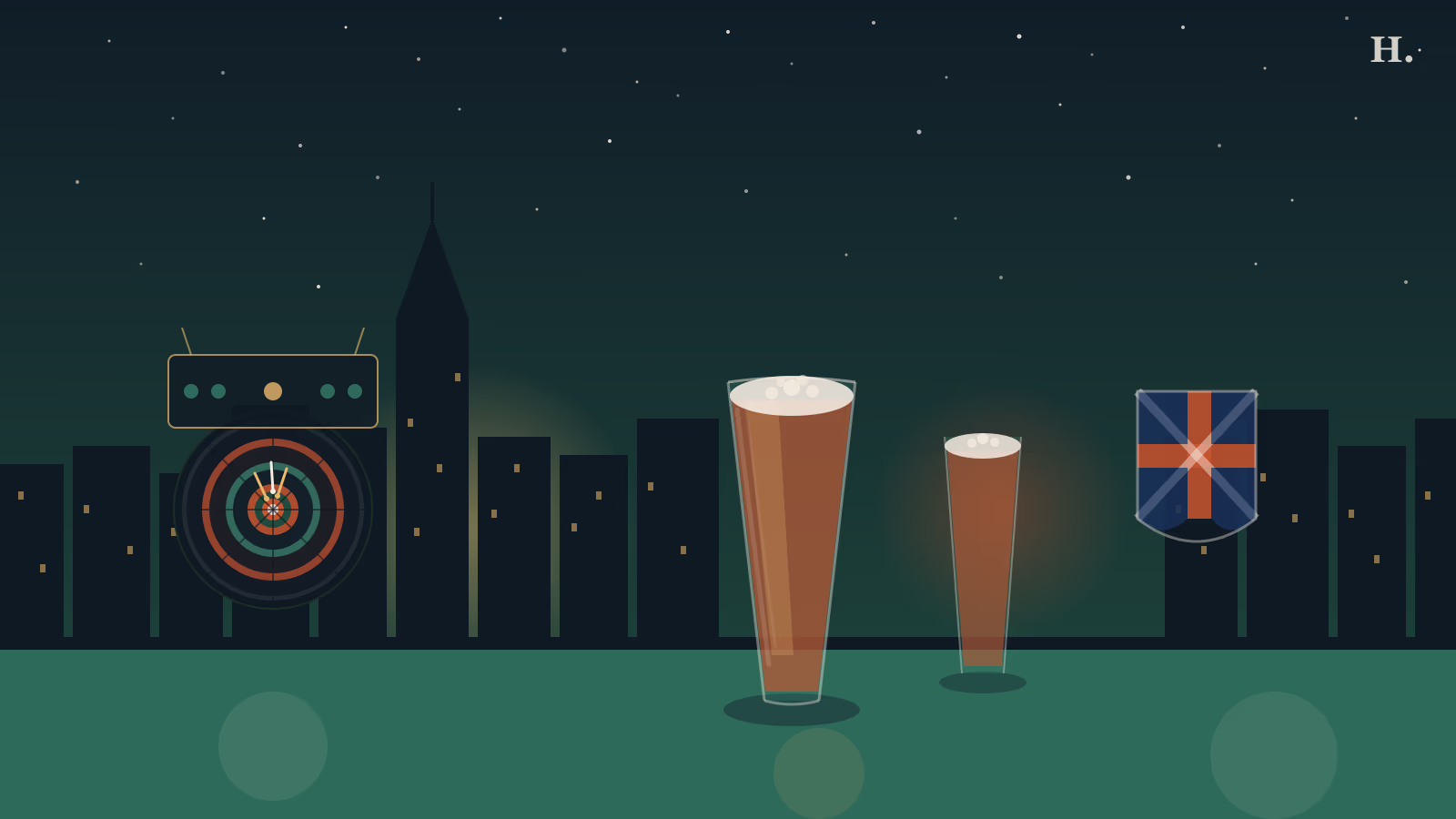 English pub Houston illustration: pint glass of amber ale, dartboard and Houston skyline at night