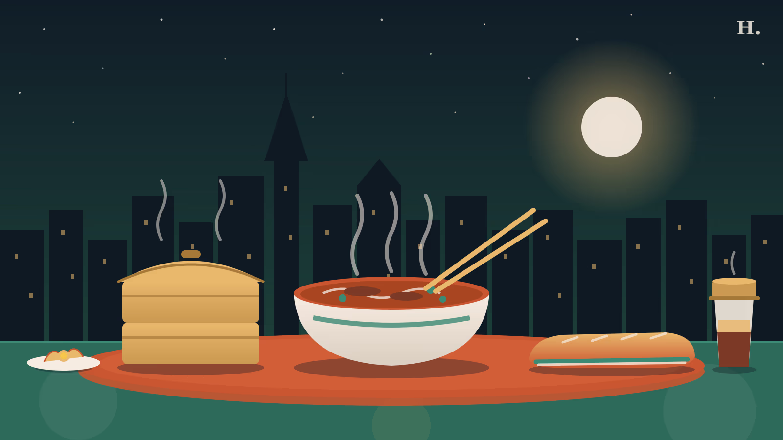 Brunch in Alief illustration: pho bowl, dim sum steamers and a banh mi under the Houston skyline