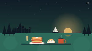 Brunch Atascocita illustration: pancakes, breakfast taco and coffee by Lake Houston at sunrise