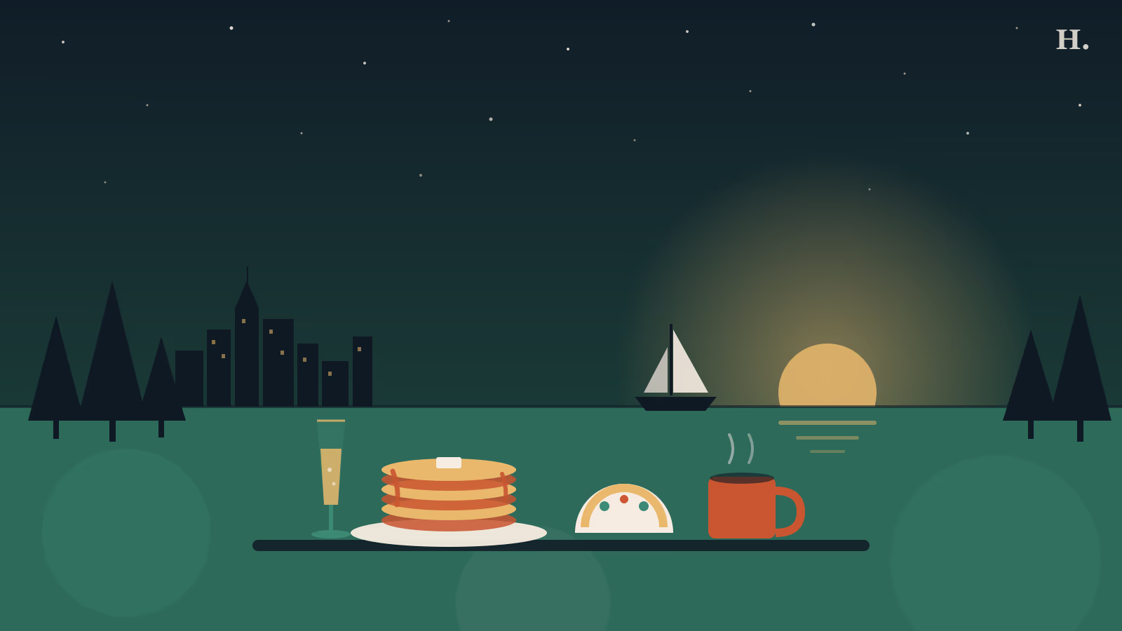 Brunch Atascocita illustration: pancakes, breakfast taco and coffee by Lake Houston at sunrise