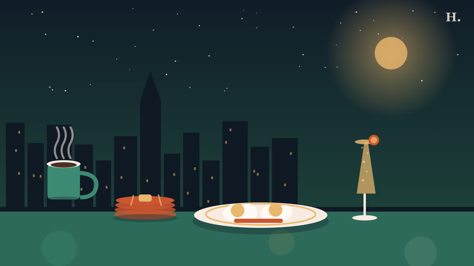 Best brunch in Baytown TX illustration: plate of eggs, pancakes, coffee mug and mimosa flute against night skyline