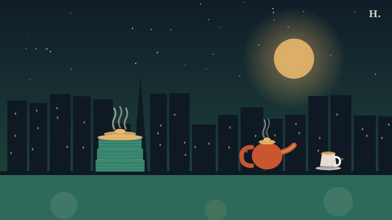 Stacked bamboo dim sum steamers and a teapot against the Houston night skyline for the Chinatown brunch guide