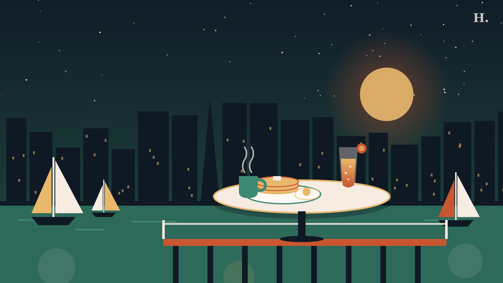 Illustrated brunch table on a marina pier with sailboats for brunch Clear Lake guide