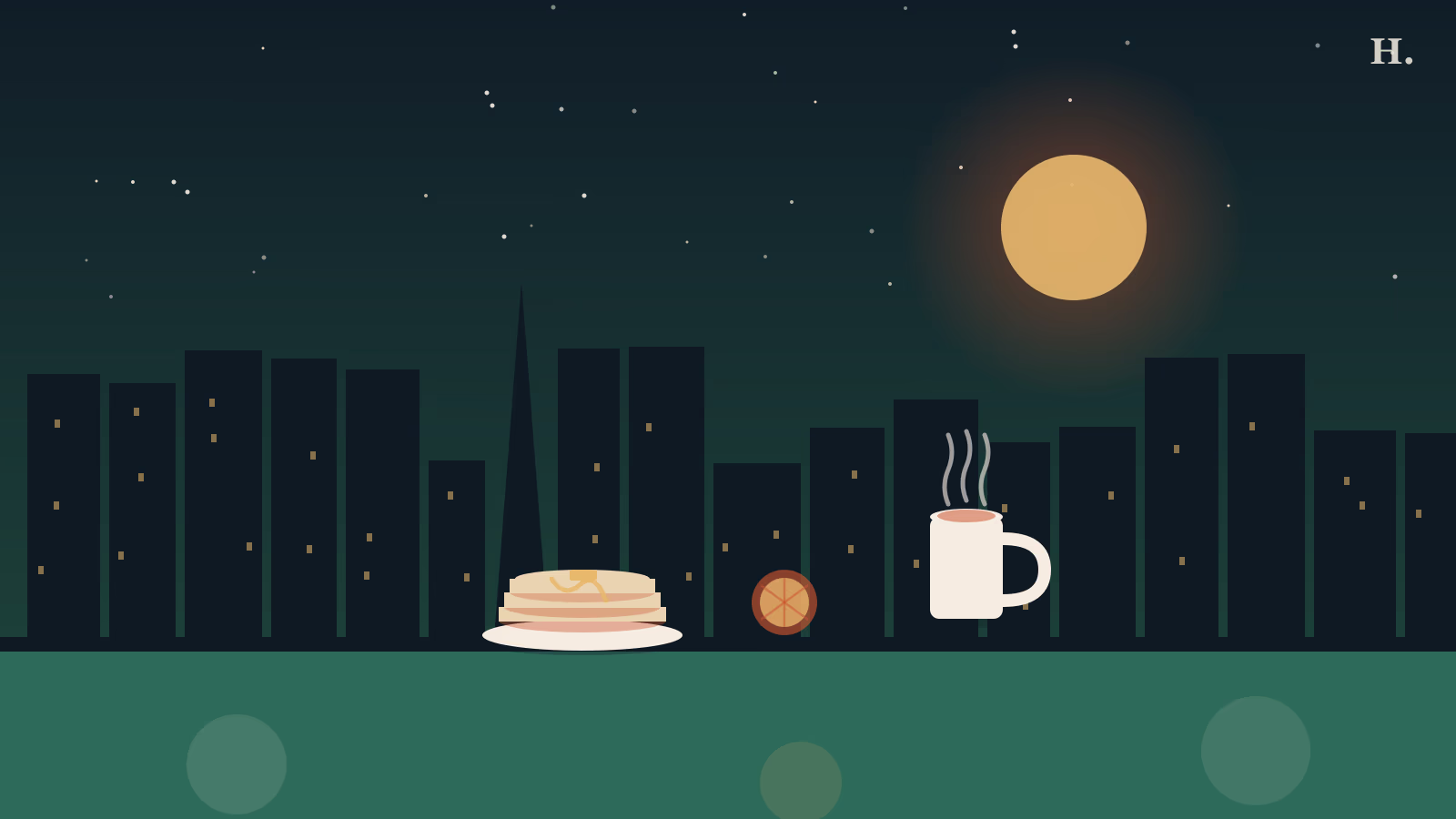 Best brunch in Conroe TX illustration: stack of pancakes with syrup, coffee mug with steam, Houston skyline silhouette at night