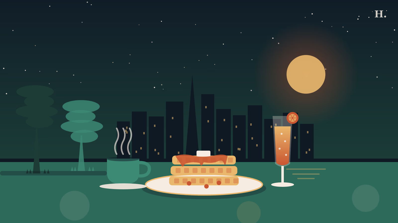 Brunch Cypress illustration: mimosa glass, waffle stack and cypress trees by a lake at night