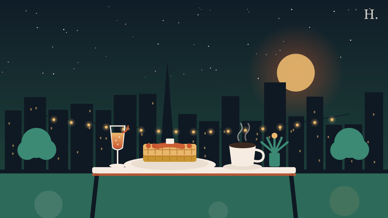 Brunch Downtown Houston illustration: waffles, coffee and a mimosa on a park table below the skyline