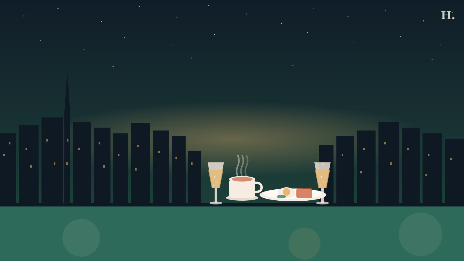 Best brunch in EaDo Houston illustration: mimosa glasses, coffee cup and brunch plate with downtown Houston skyline at dawn