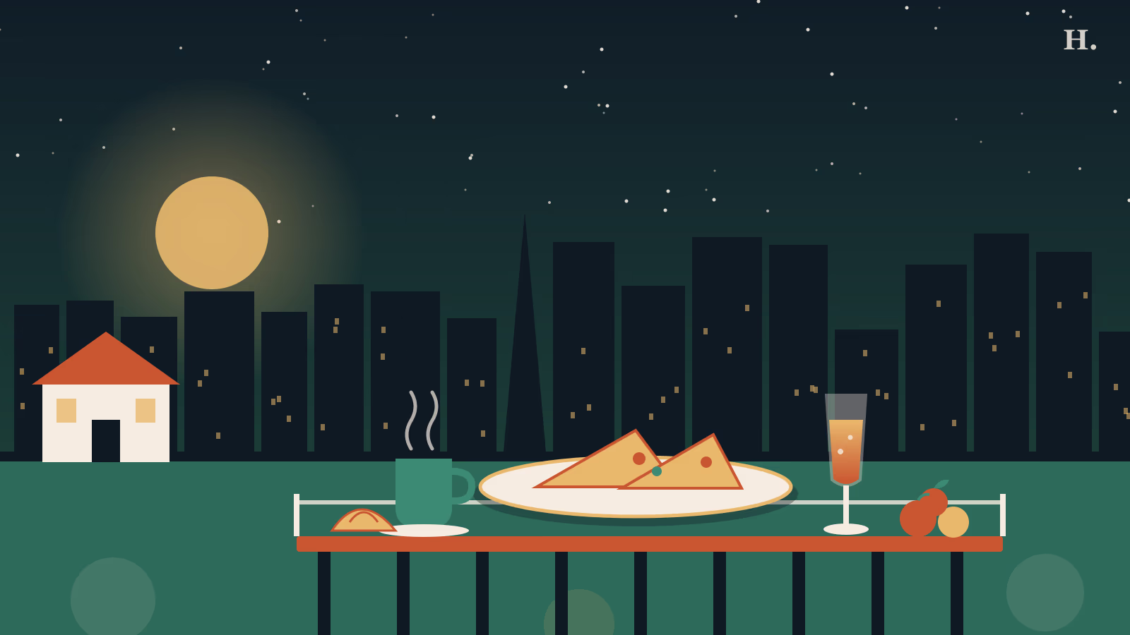 Brunch in Friendswood illustration: crêpes, coffee, mimosa and Satsuma oranges below the Houston skyline