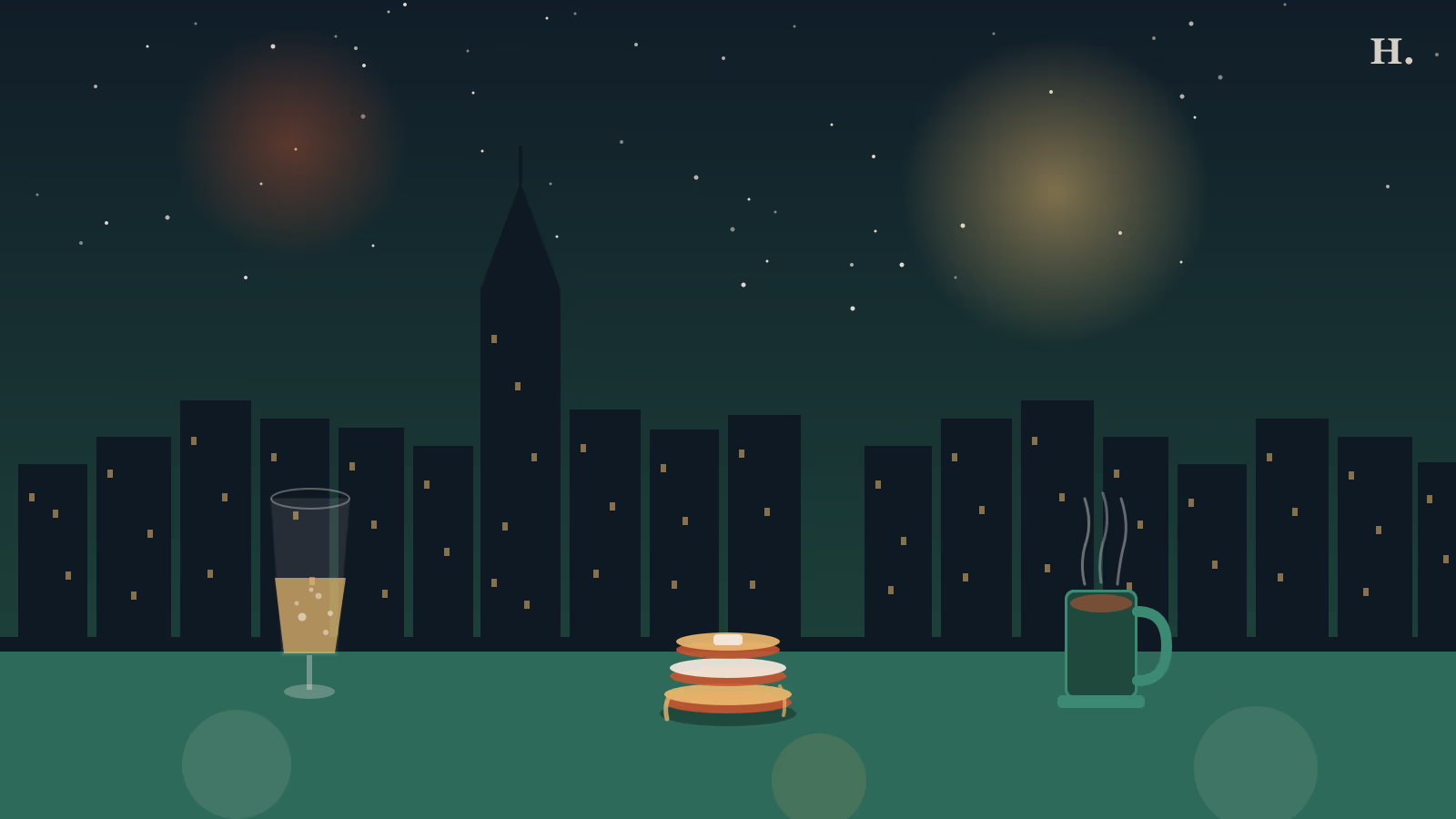 Brunch in Fulshear TX illustration: mimosa flute, pancake stack and coffee mug against a night skyline