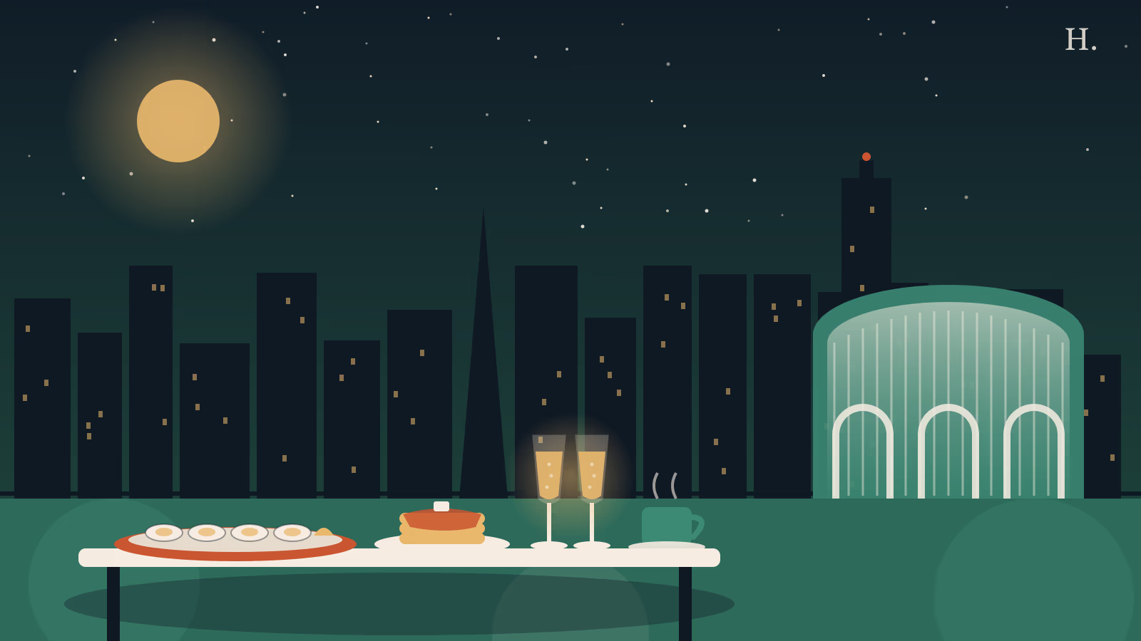 Brunch Galleria and Uptown illustration: brunch table, mimosas and oysters under a night Houston skyline