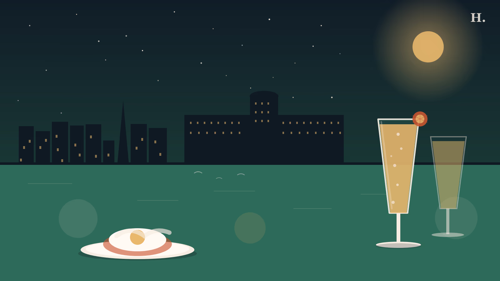 Brunch in Galveston TX: mimosa flutes and eggs Benedict plate against a night-sky Galveston skyline
