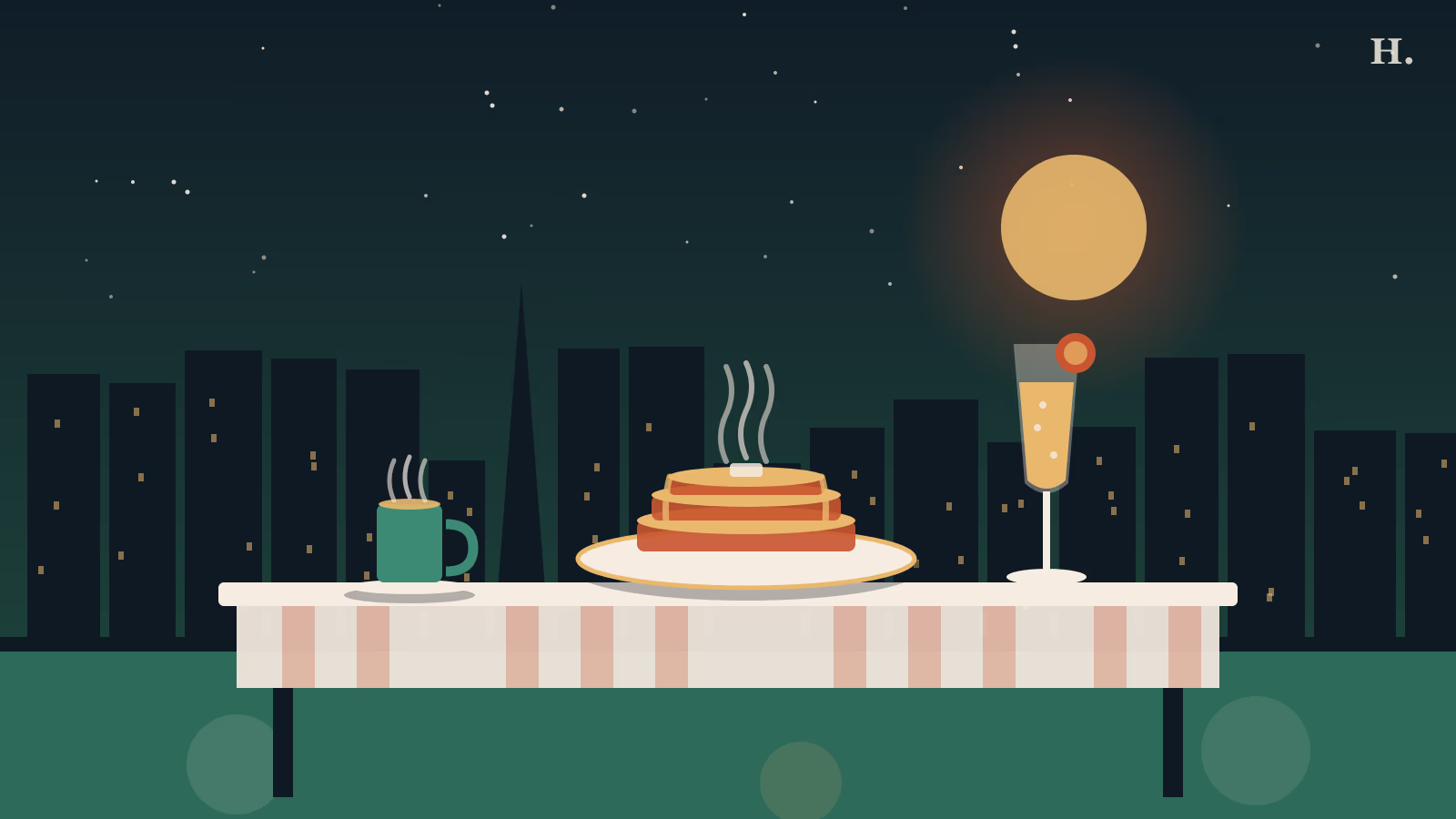 Best brunch Humble TX: stacked pancakes and mimosa against the Houston skyline at dawn
