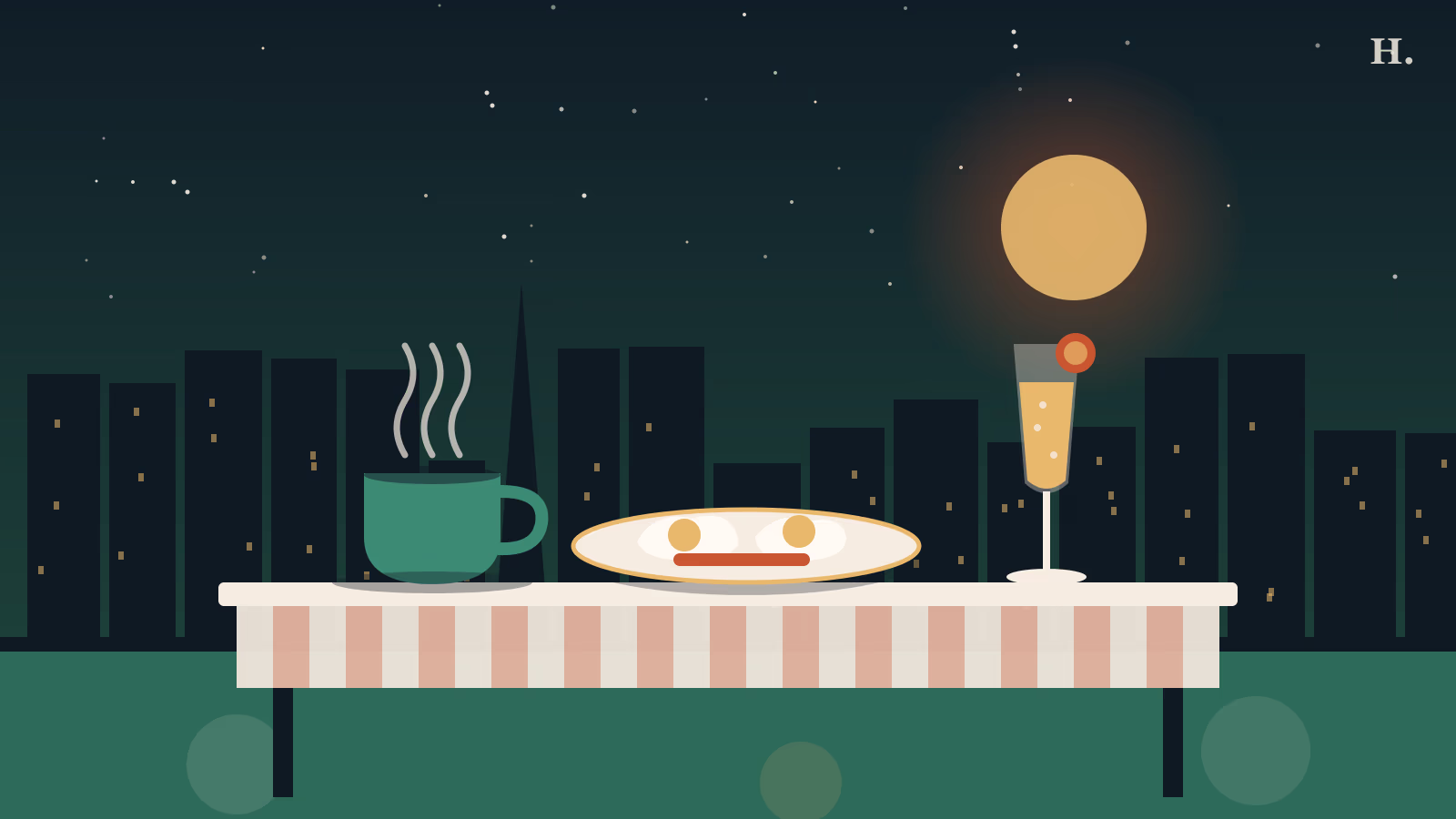 Illustrated brunch table with coffee, eggs and a mimosa for the best brunch in Houston