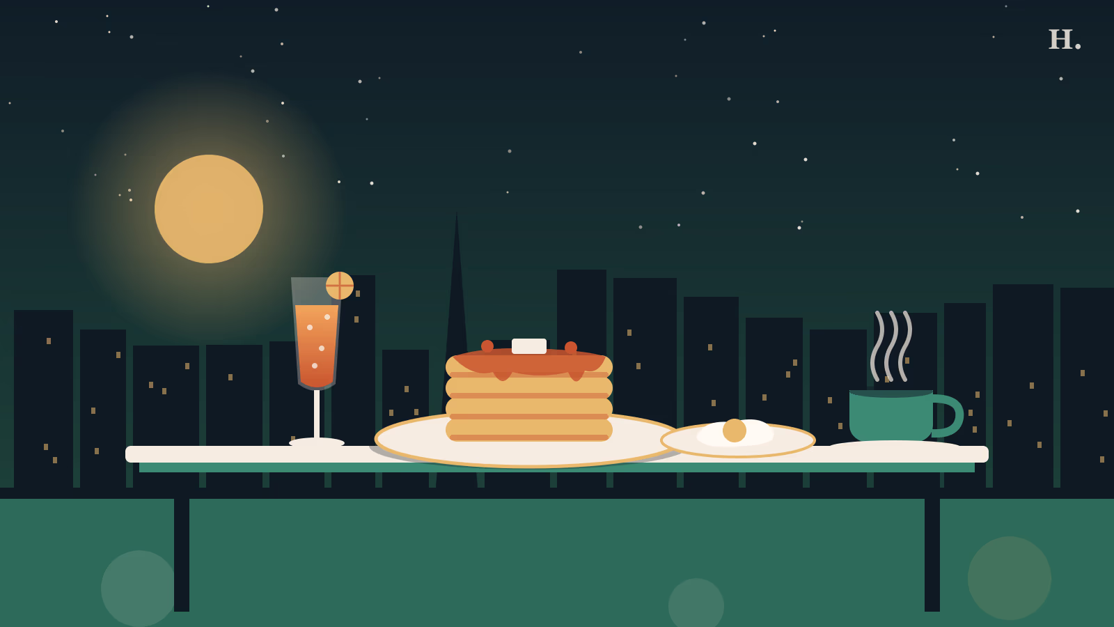 Illustration of brunch Katy style: mimosa, pancakes and eggs under the Houston night skyline
