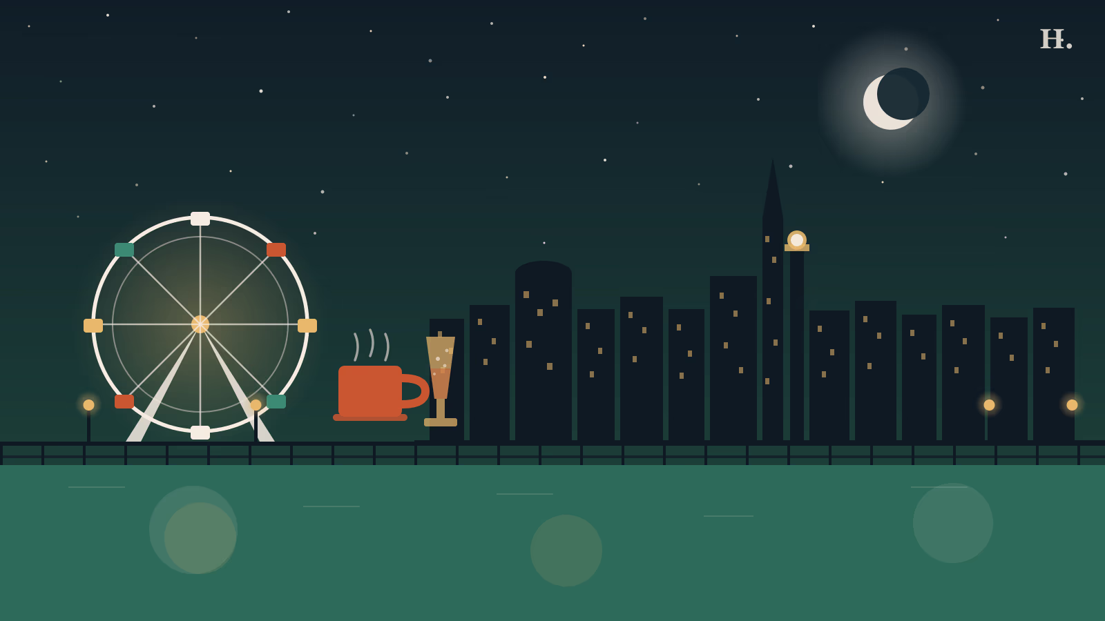 Brunch kemah illustration: Ferris wheel, mimosa glass, coffee cup and Galveston Bay waterfront at night
