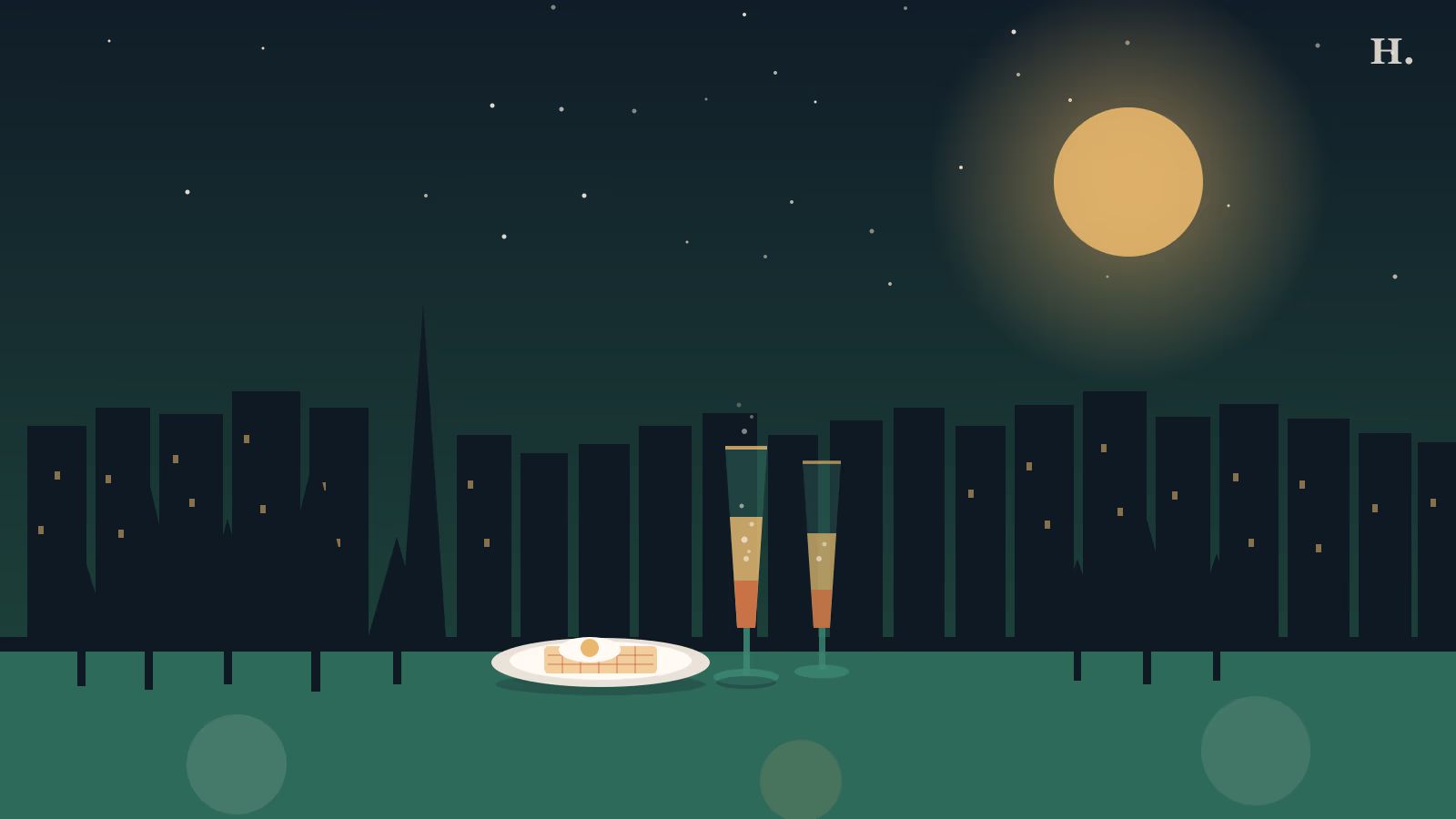 Best brunch in Kingwood TX illustration showing mimosa glasses, waffle plate and pine trees against a night sky
