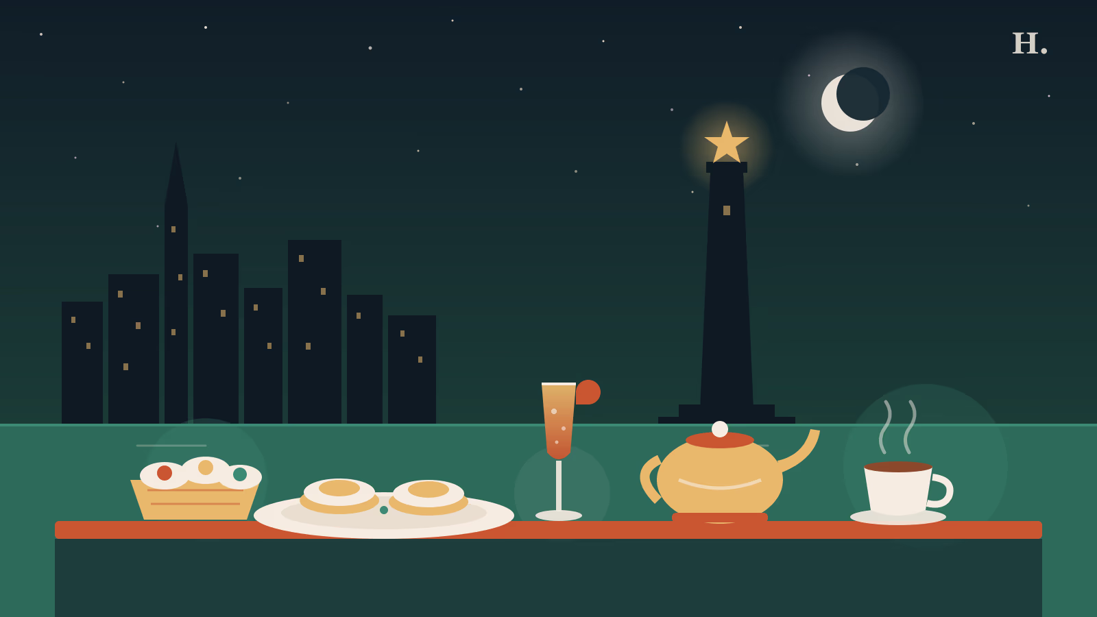 Illustrated brunch la porte table with mimosa, teapot and kolaches by the San Jacinto Monument at night