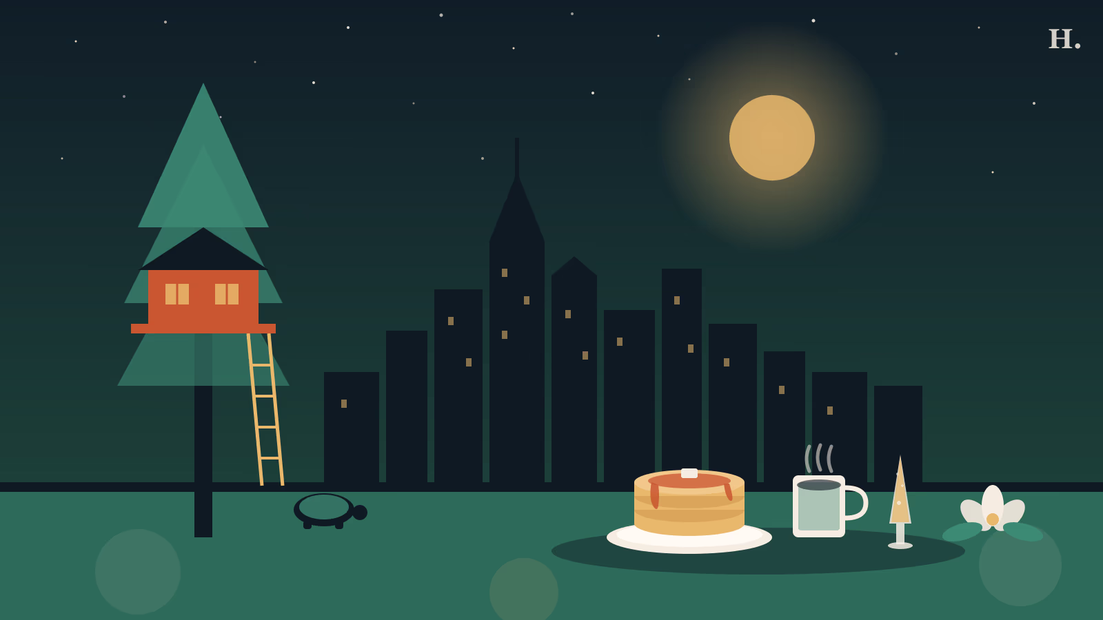Brunch Magnolia TX illustration: treehouse in a pine tree, pancake stack, coffee and mimosa under a night-sky Houston skyline