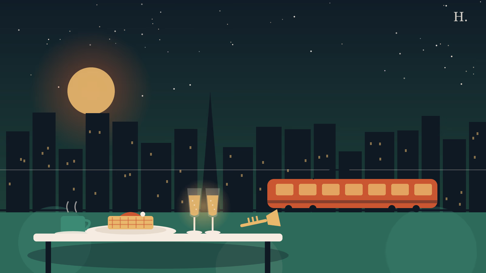 Brunch Midtown Houston illustration: mimosas, waffles and a METRORail train before the skyline
