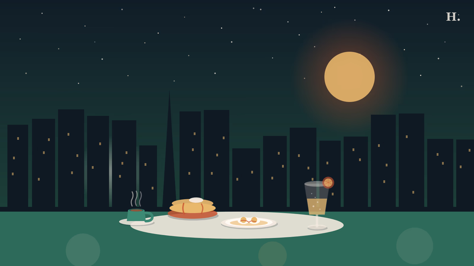 Brunch Missouri City: pancake stack, coffee cup, and mimosa flute over Houston skyline at dawn