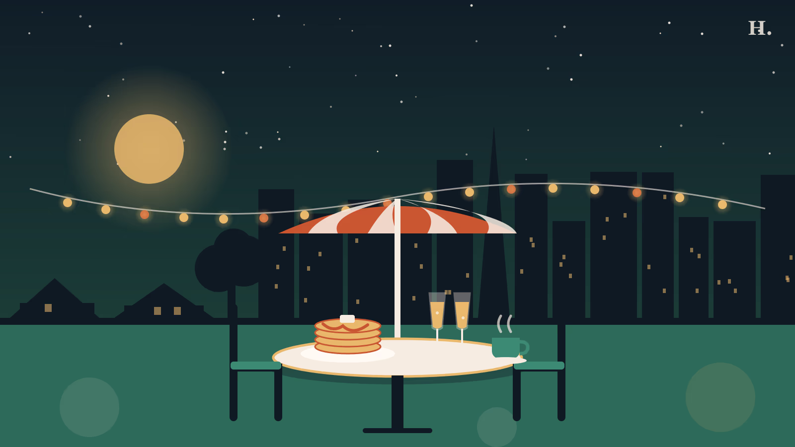 Illustrated brunch Montrose patio table with pancakes, mimosas and string lights under the Houston skyline