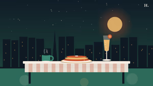 Best brunch in Pasadena TX illustration: pancake stack on plate, coffee mug and mimosa flute against a night-sky Houston skyline