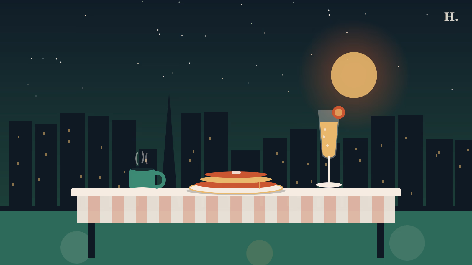 Best brunch in Pasadena TX illustration: pancake stack on plate, coffee mug and mimosa flute against a night-sky Houston skyline