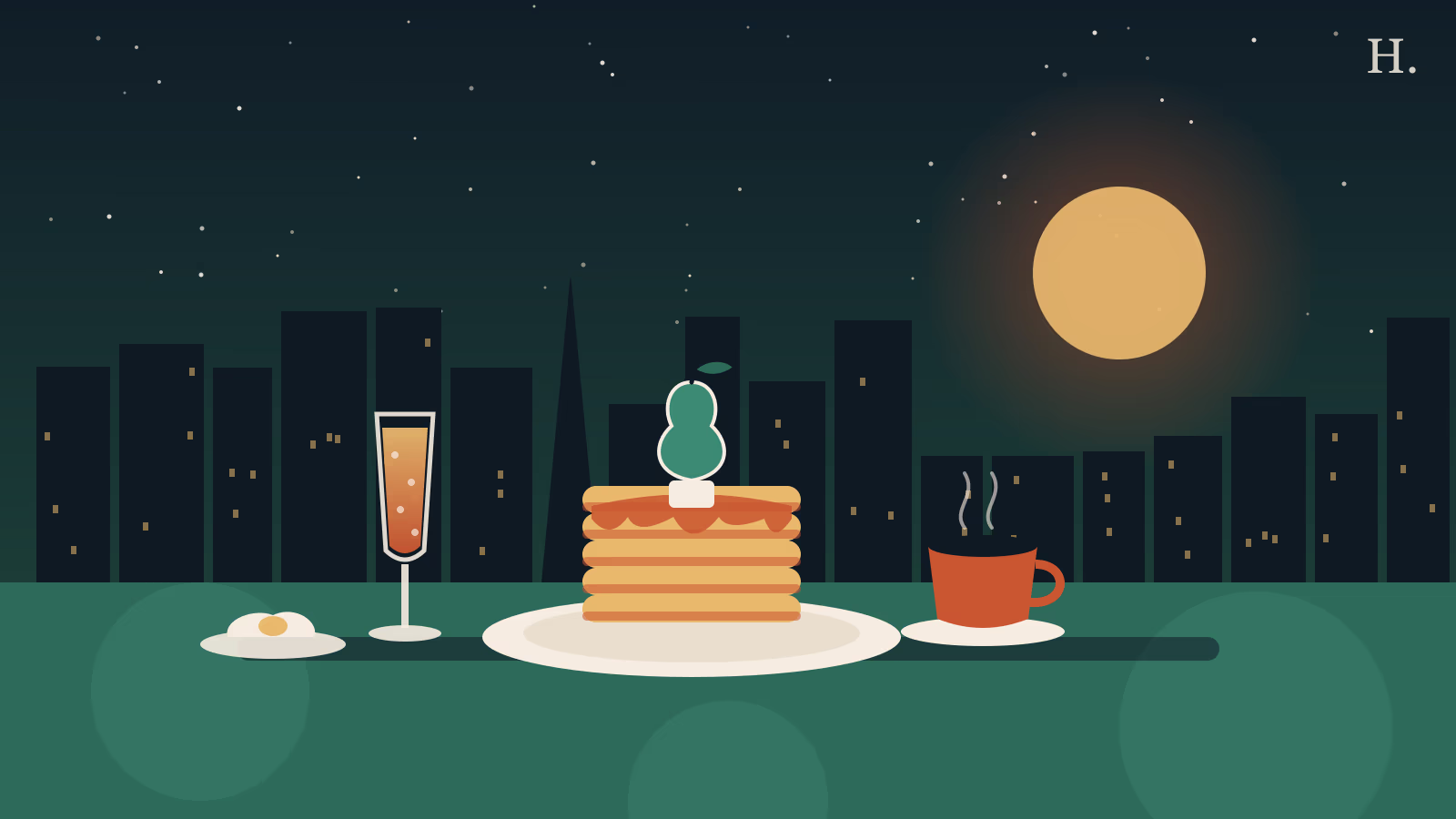 Brunch Pearland illustration: pancake stack topped with a pear, mimosa and coffee at sunrise