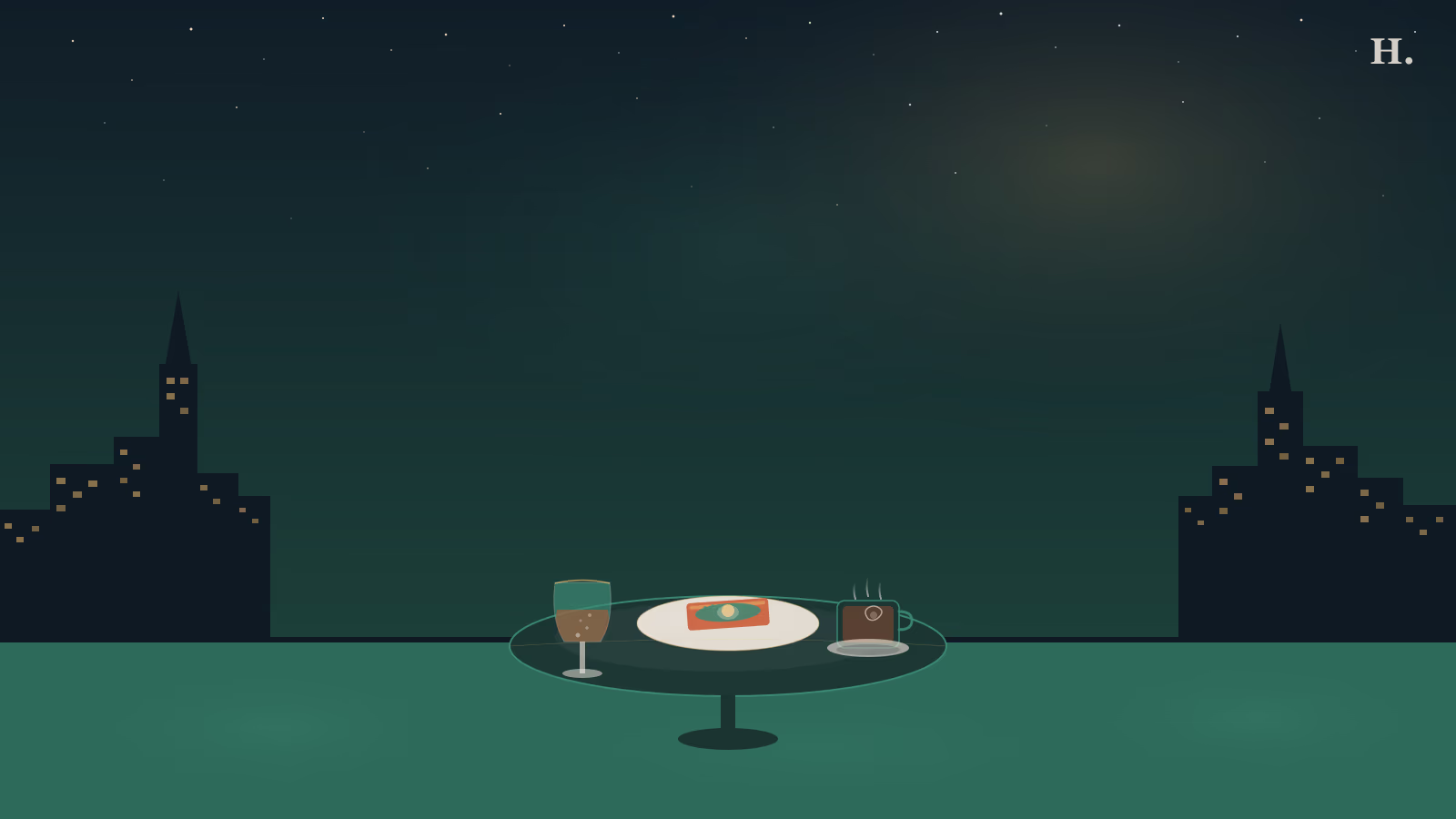 Best brunch Rice Village Houston: wine glass, avocado toast and coffee on a bistro table under a night sky