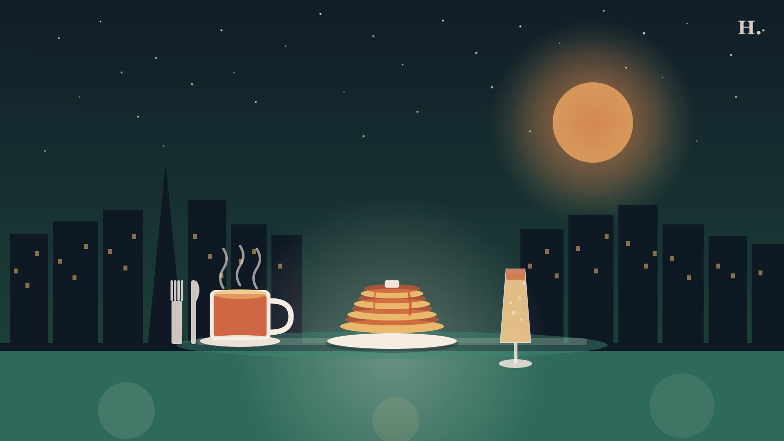 Best brunch in Richmond TX illustration: coffee cup, stack of pancakes and mimosa glass against Houston night skyline at sunrise