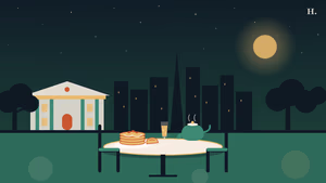 Illustrated brunch River Oaks scene with a columned mansion, live oaks, pancakes and Champagne under the Houston skyline