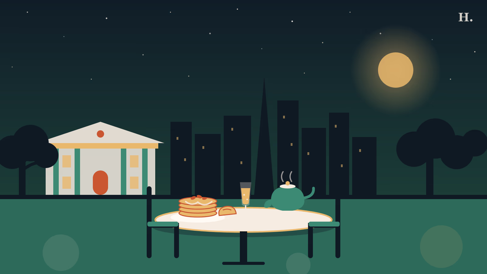 Illustrated brunch River Oaks scene with a columned mansion, live oaks, pancakes and Champagne under the Houston skyline