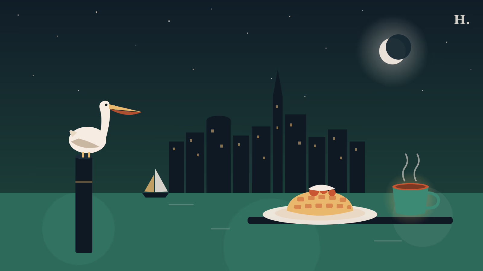 Illustration of brunch in Seabrook: a pelican on a piling beside a waffle and coffee