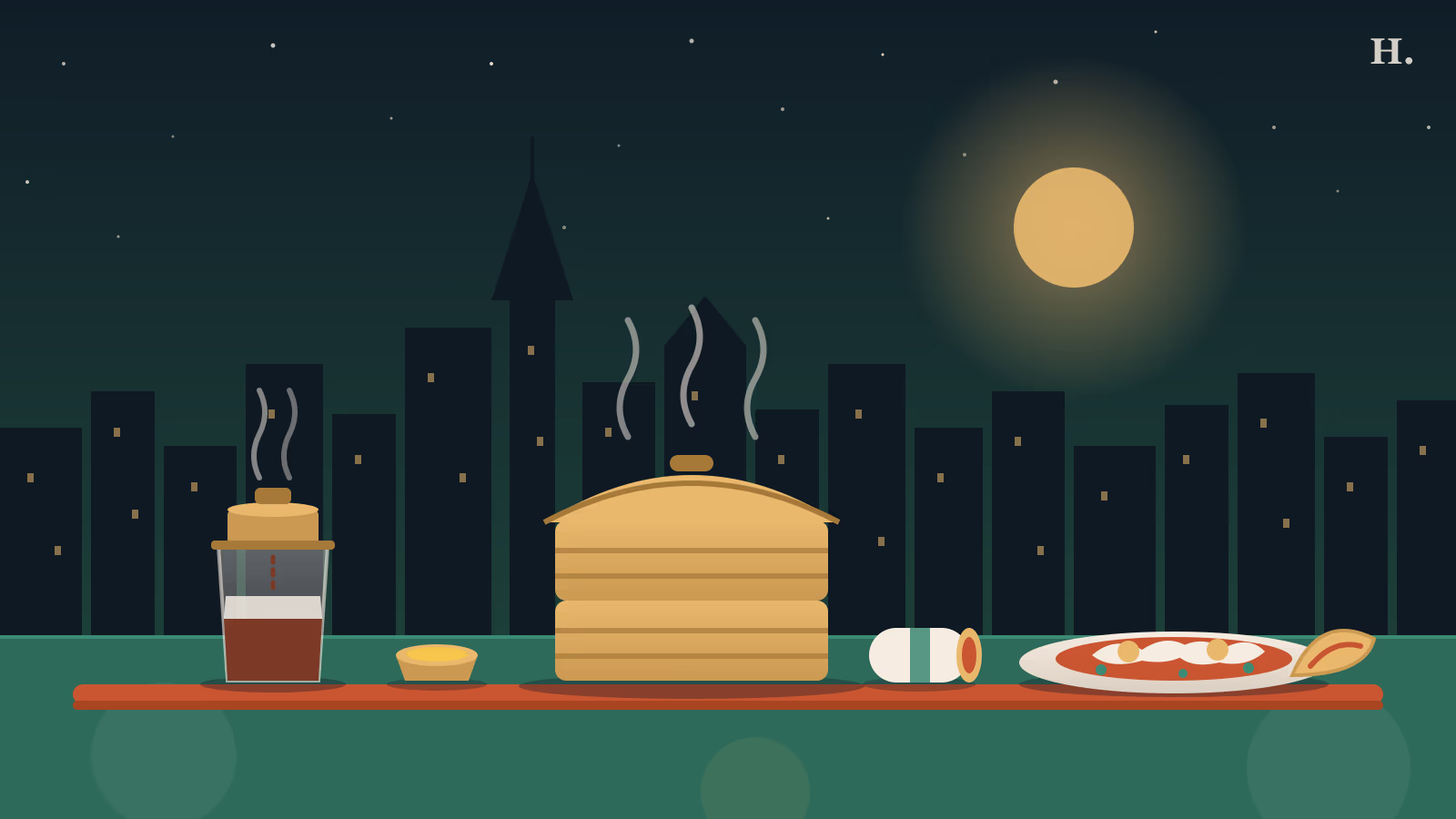 Flat illustration of brunch in Sharpstown and Gulfton: dim sum steamer, Vietnamese coffee and eggs