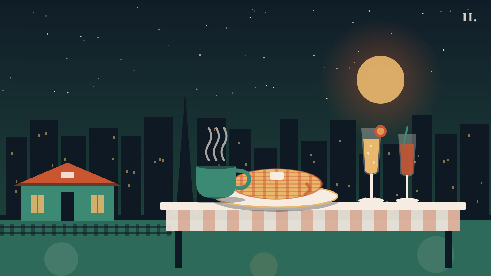 Brunch Spring illustration: waffle, coffee cup, mimosa and a vintage railroad depot at night