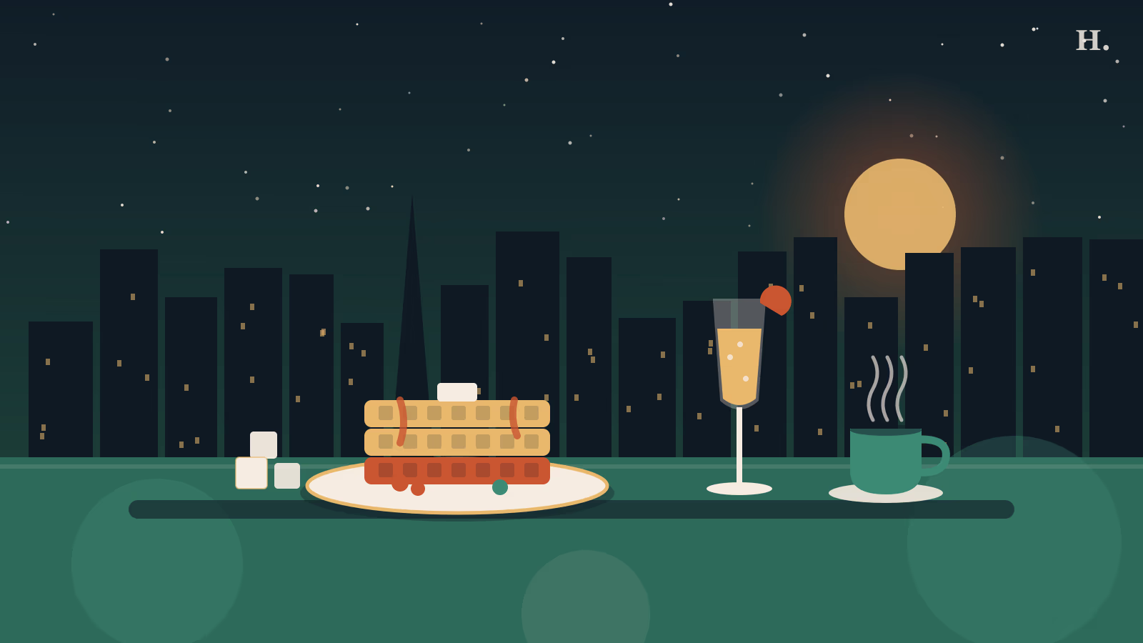 Brunch Sugar Land illustration: Belgian waffles, mimosa and coffee beside a lake under Houston's night skyline