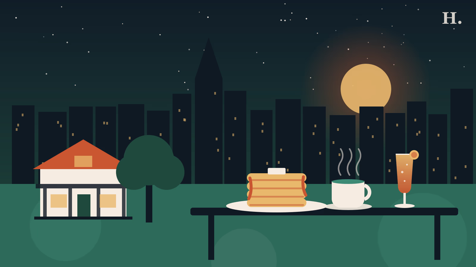 Brunch Heights Houston illustration: bungalow porch, coffee, pancakes and mimosa below the skyline