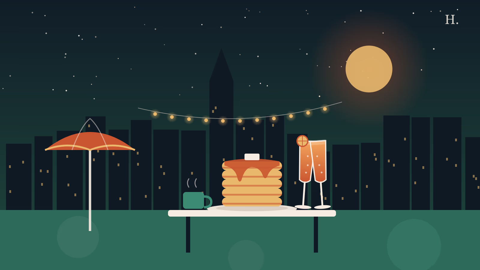Brunch The Woodlands illustration: mimosa glasses, pancake stack and a lakeside patio umbrella at night