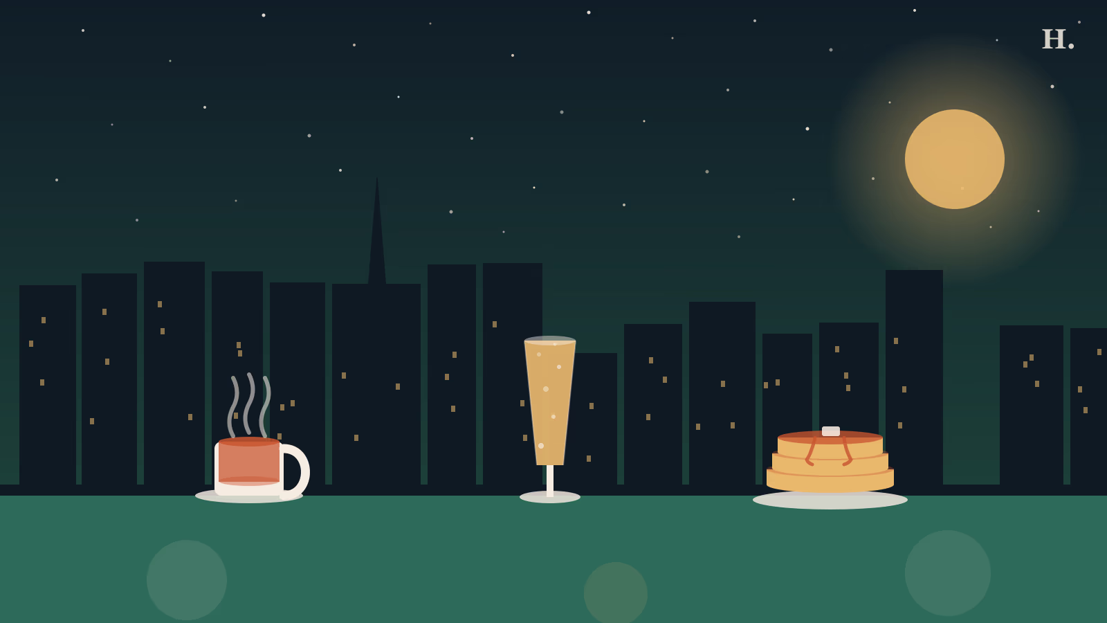 Best brunch washington avenue houston illustration: mimosa flute, coffee mug with steam, and pancake stack against the Houston skyline