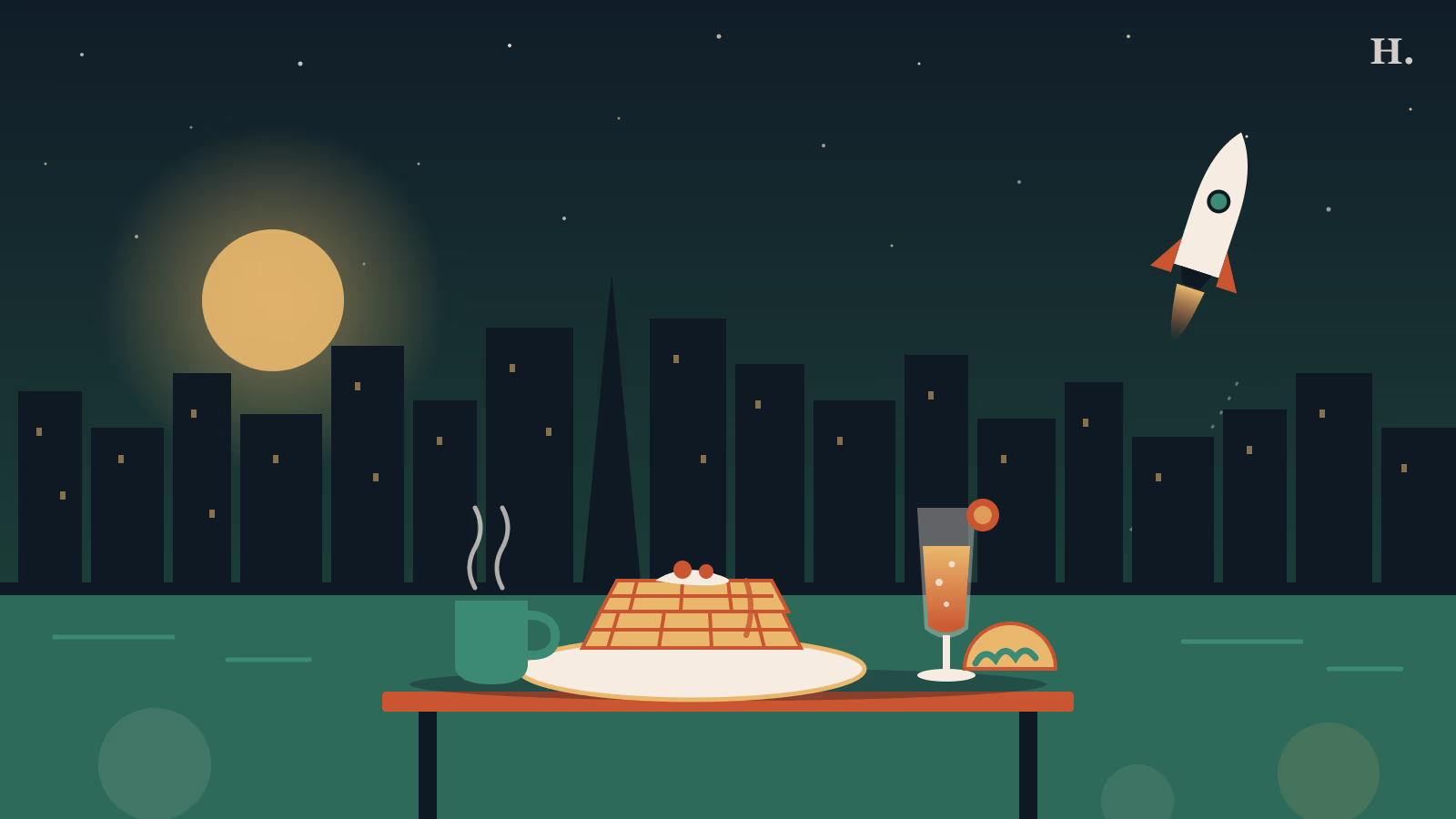 Brunch in Webster illustration: waffles, mimosa, coffee and a rocket over the Houston skyline