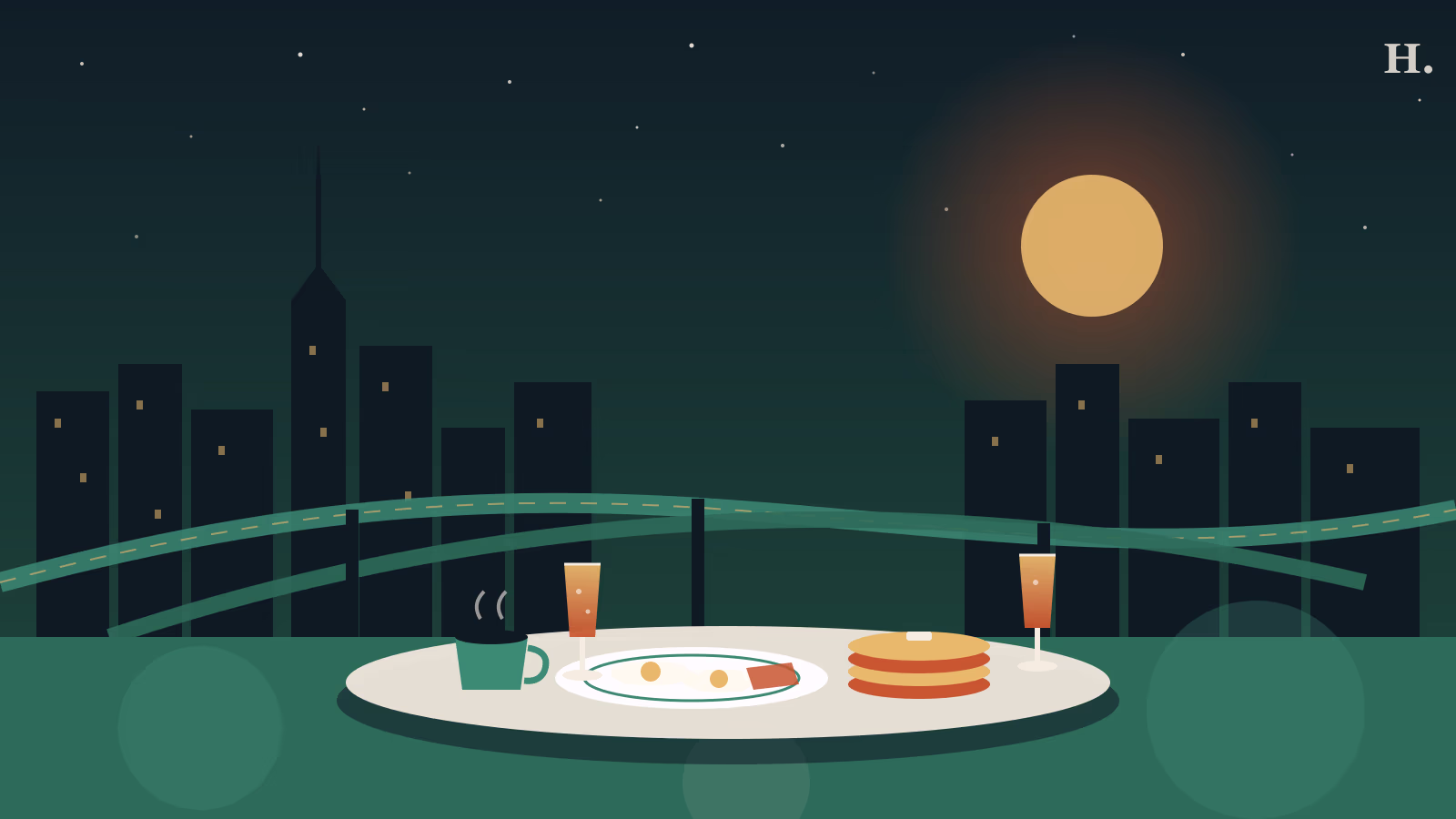 Brunch Westchase illustration with mimosas, pancakes and eggs beneath a Beltway flyover and Houston skyline