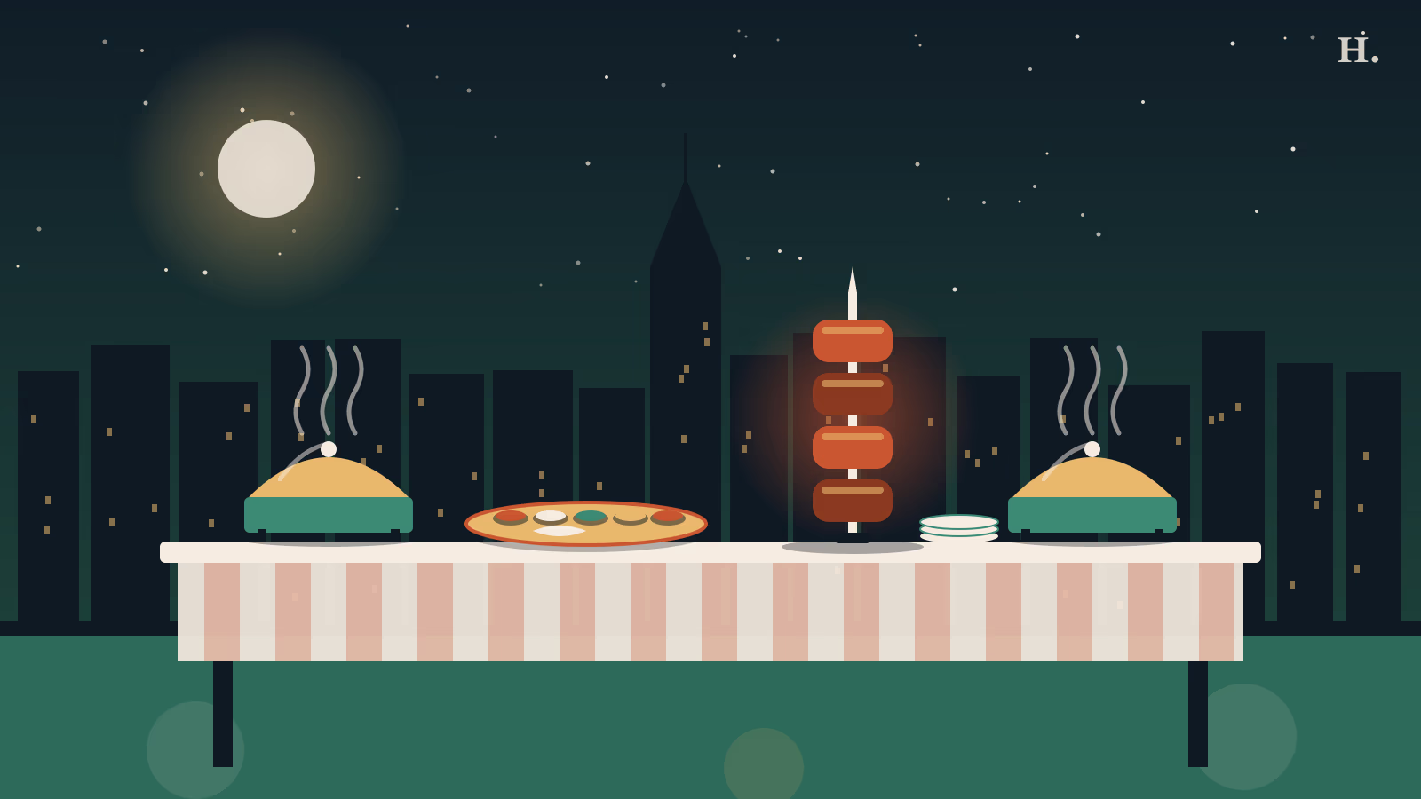 Best buffet Houston illustration: a long buffet table with churrasco skewer and thali under the skyline