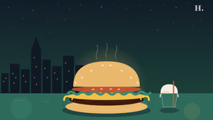 Best burgers in Baytown TX illustration: stacked burger with golden bun and a milkshake against a night skyline