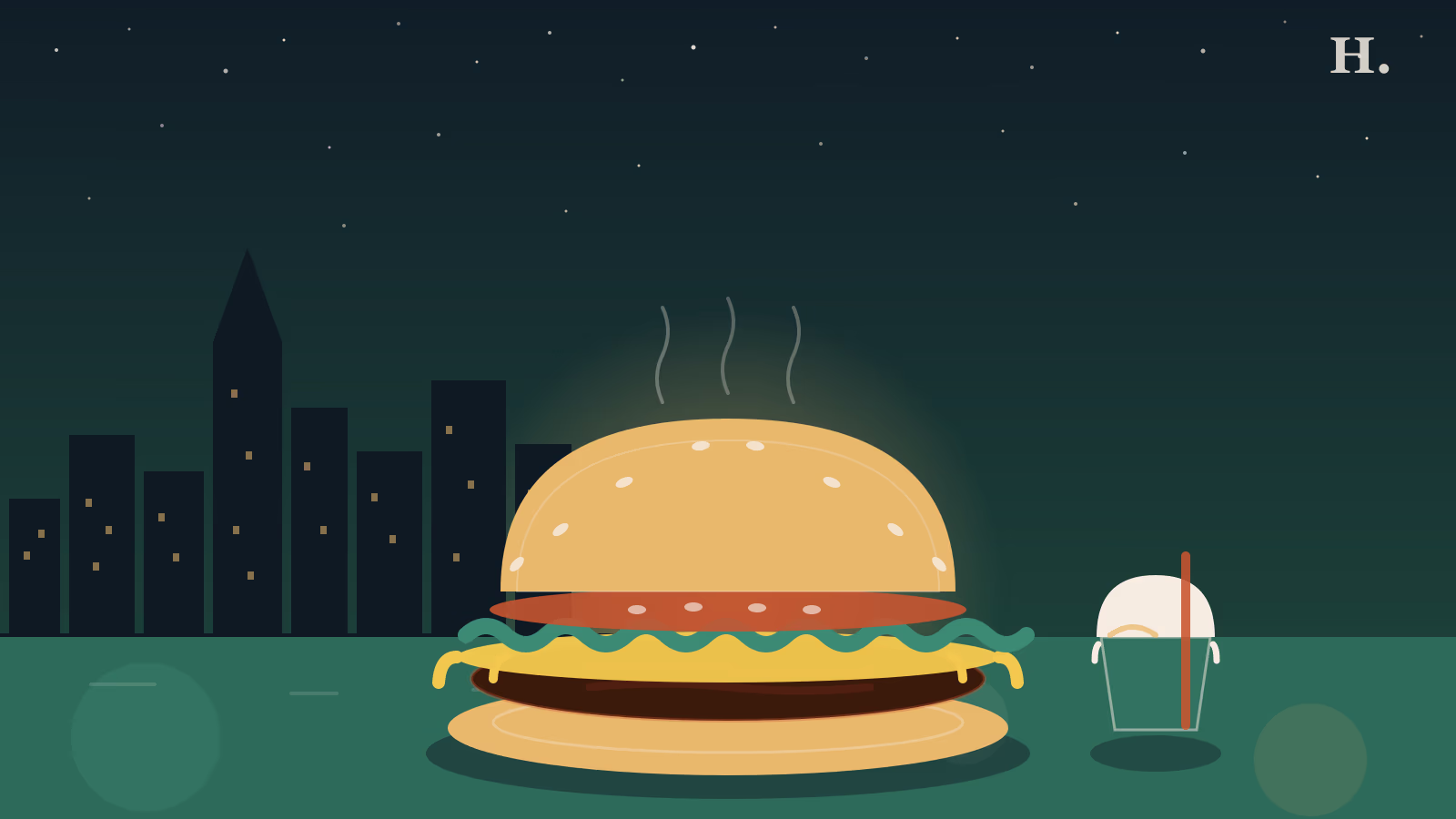 Best burgers in Baytown TX illustration: stacked burger with golden bun and a milkshake against a night skyline
