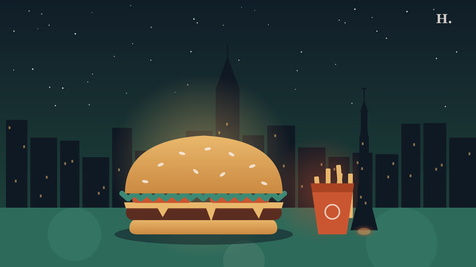 Best burgers in Clear Lake TX illustration: giant burger patty with toppings and a NASA rocket silhouette under the night sky